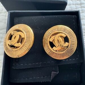 Vintage Chanel Gold CC Sunburst Clip on Earrings